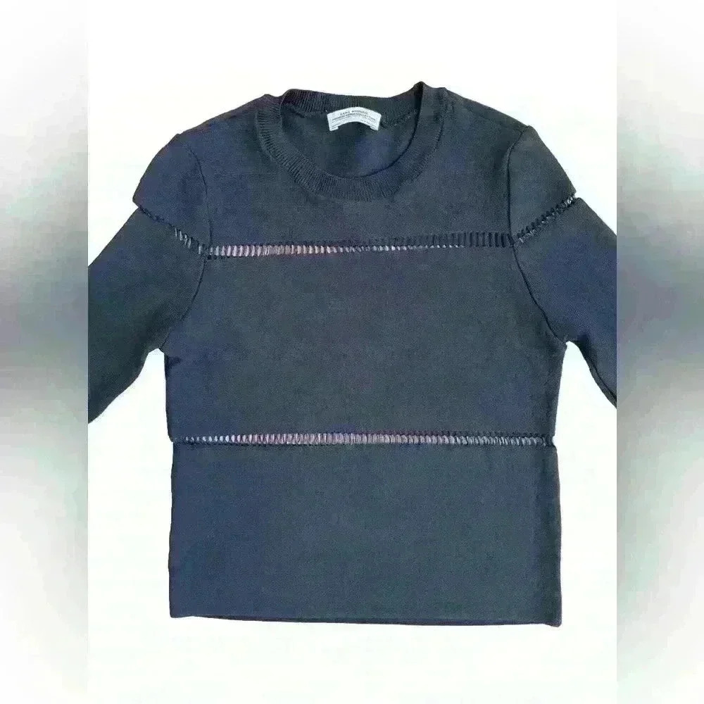 Zara Women’s Premium Denim Collection Knit Mesh Cut Out Sweater Black Size S - Picture 3 of 9